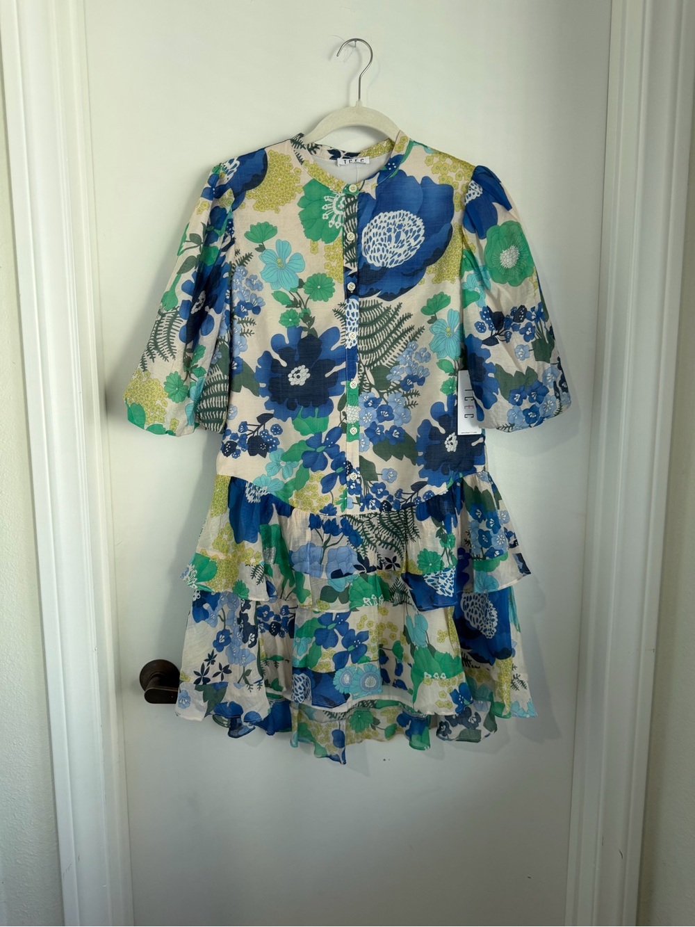 TCEC Blue, Green & Cream Floral Tiered Ruffle Dress